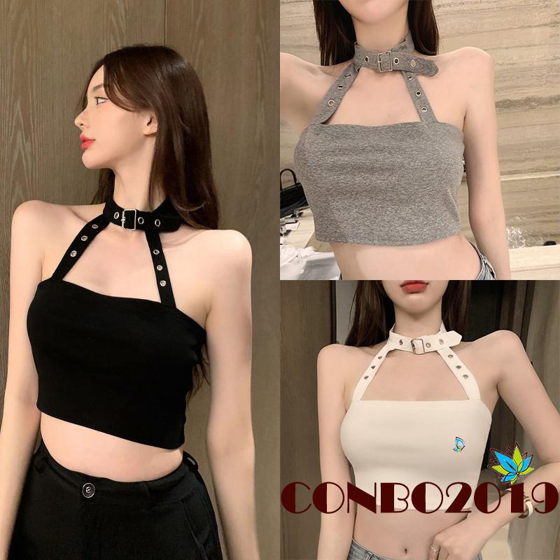 Hgm Áo Croptop Không Tay Hở Lưng Màu Trơn Mùa Hè Cho Nữ Màu Trắng / Xám / Đen