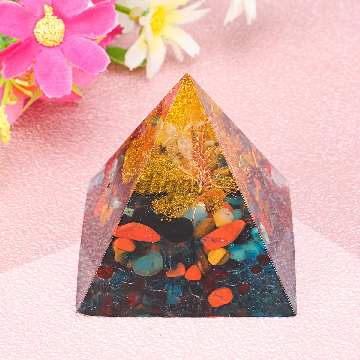 Orgonite Pyramid  Energy Chakra Multiplier  Reiki Orgone Energy Peridot And rainbow fluorite healing