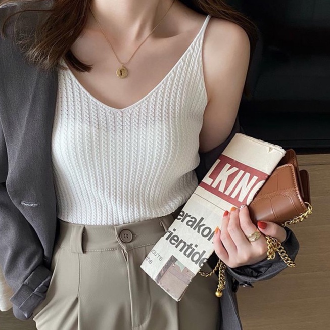 Porozi  Áo dệt kim  cổ V màu sắc đơn giản phong cách Hàn Quốc