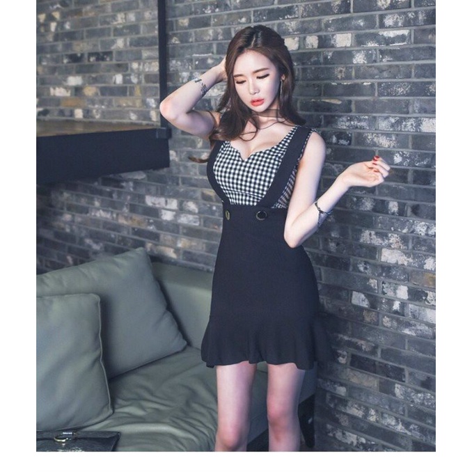 Đầm ôm dáng cổ xẻ V caro thời trang Hàn Quốc Lh0917399527