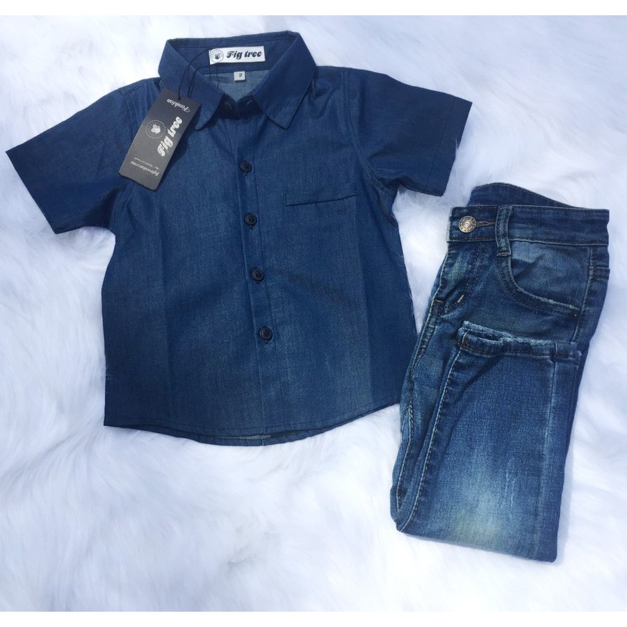 Áo sơ mi bé trai denim tay ngắn màu xanh đen FIG TREE