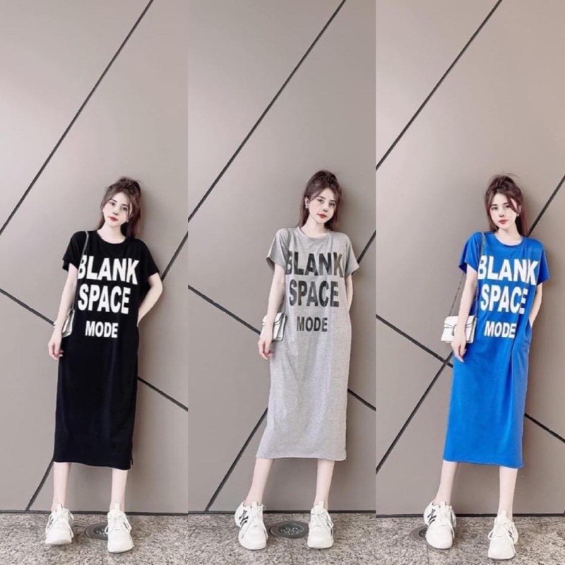 ĐẦM NỮ-Váy suông cotton dáng dài 1m in chữ "BLANK"( k may túi)