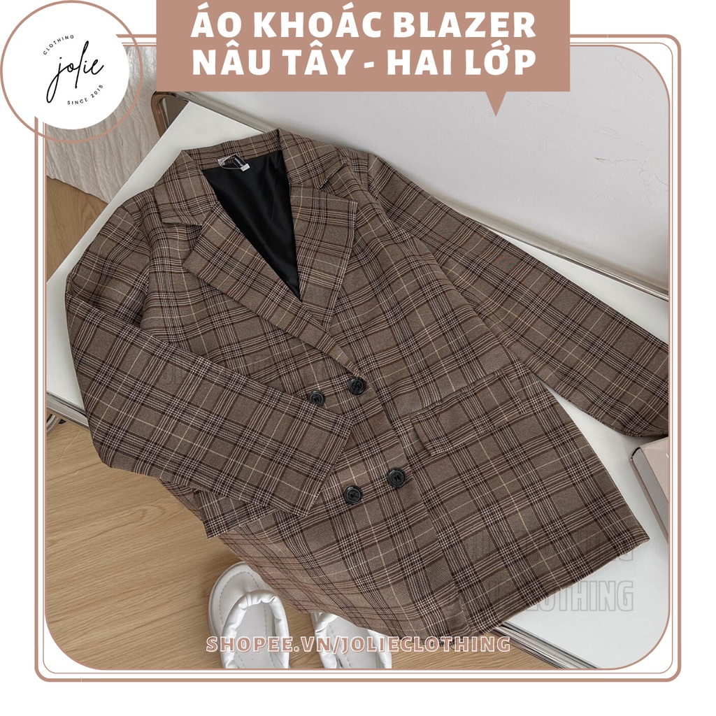 Áo khoác blazer kẻ nâu tây, áo khoác vest hai lớp dáng dài