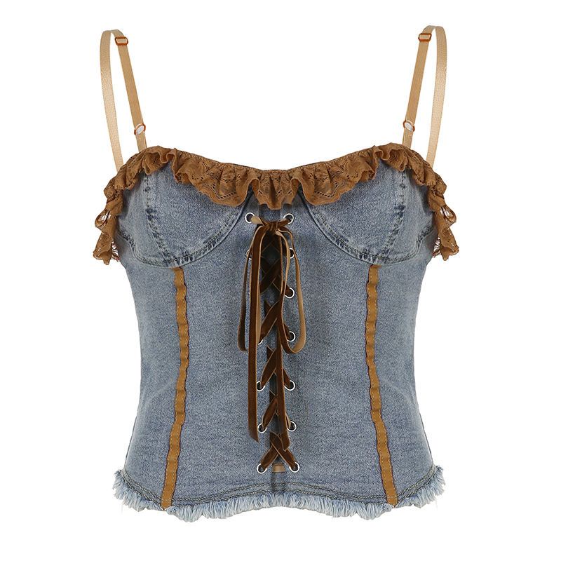 Áo Hai Dây Denim Viền Ren Phong Cách Retro Gợi Cảm Cho Nữ
