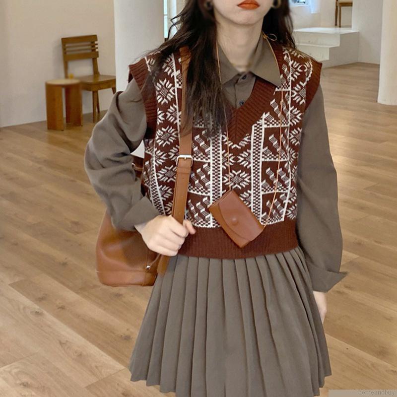 Áo dệt kim sát nách cổ chữ v phối màu tương phản phong cách retro cho nữ
 | BigBuy360 - bigbuy360.vn