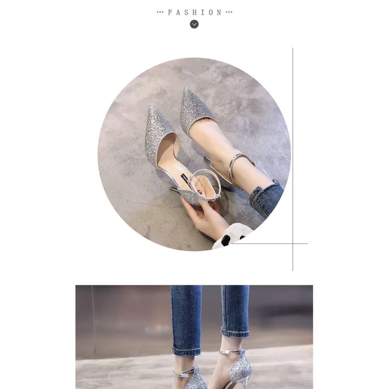 Giày Cao Gót Một Dây Đính Kim Sa Phong Cách Hàn Quốc Mới 2022