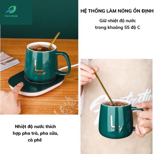 Cốc hâm nóng đồ uống kèm đế điện, cafe + Tặng kèm thìa vàng và hộp sang trọng, Bộ ly sứ hâm nóng trà, hâm sữa