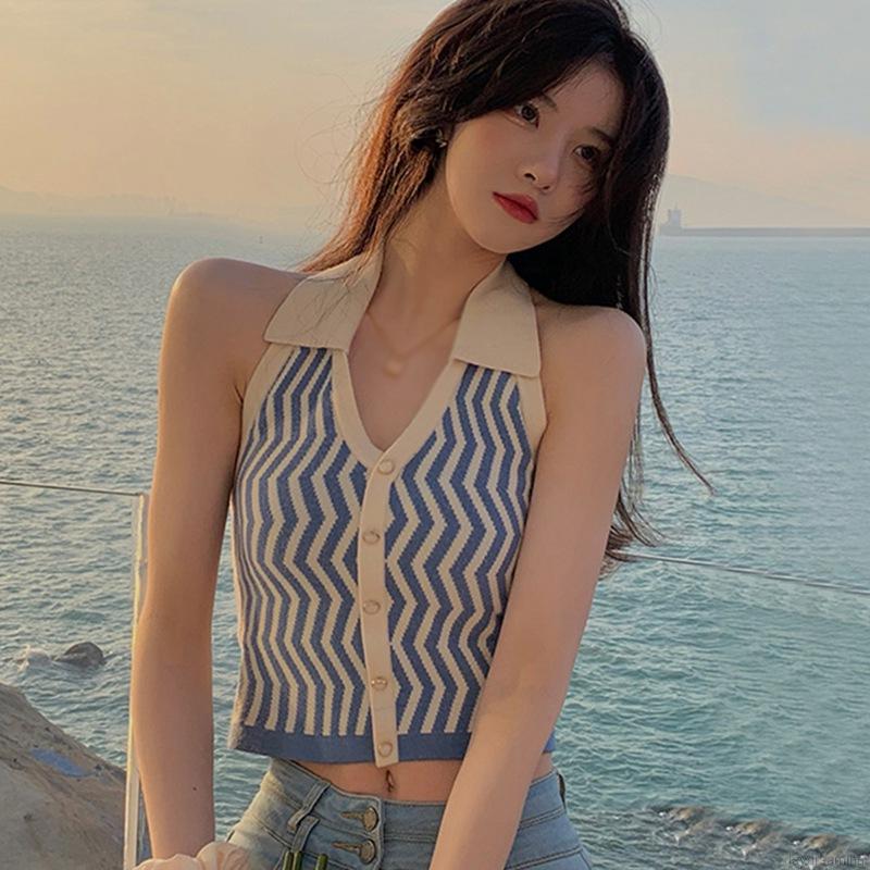 [Mã FAMAYWA giảm 10K đơn 50K] Áo Tank Top Dệt Kim Hoạ Tiết Kẻ Sọc Thiết Kế Cổ Chữ V Quyến Rũ | BigBuy360 - bigbuy360.vn