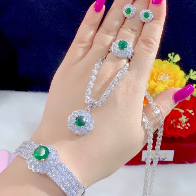 Set bộ trang sức màu bạch kim đính đá xanh cao cấp