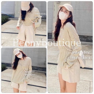 Set Short Áo Kẻ Ngang PEONYB Nữ [FREESHIP] 🌸 Bộ đồ quần sooc khaki ống rộng kèm sweater dài tay cá tính Ulzzang 🌸