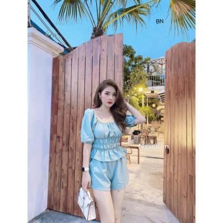 TSL-Video ảnh thật, set đũi áo tay lỡ chun eo tay bồng nhún eo xòe bèo phối quần đùi vàng, xanh, nude thời trang nănđộng