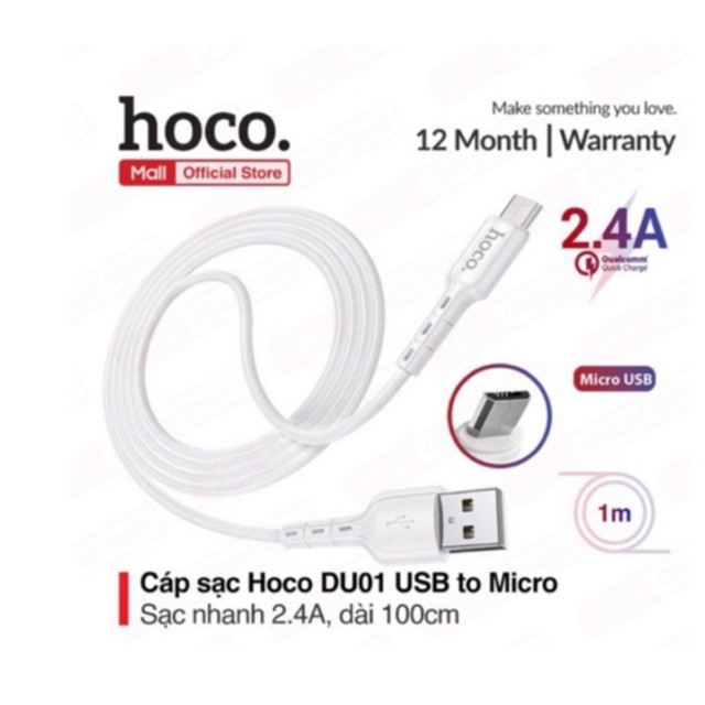 Cáp sạc nhanh và truyền dữ liệu Hoco DU01 USB Micro sạc nhanh 2.4A, dây dẻo chống đứt dài 100cm