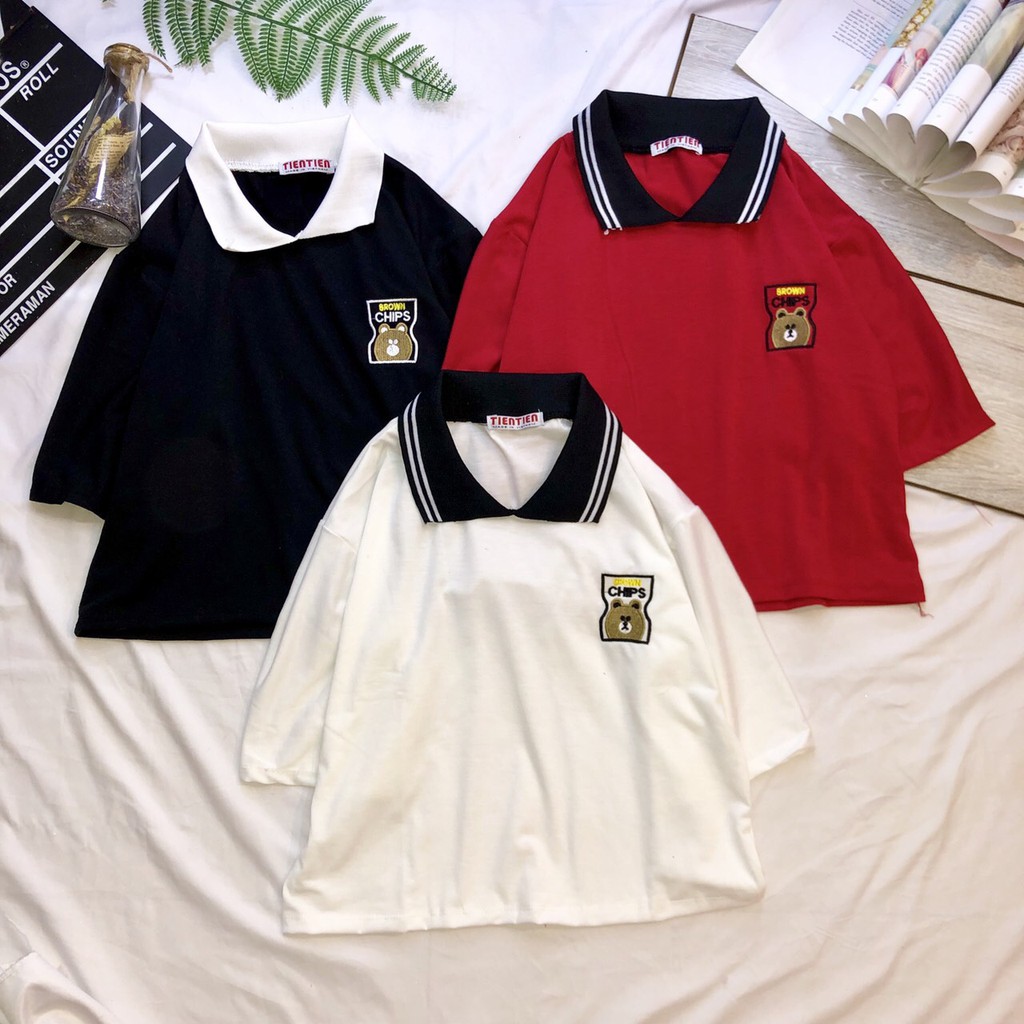 Áo croptop polo sọc cổ thêu gấu Brown
