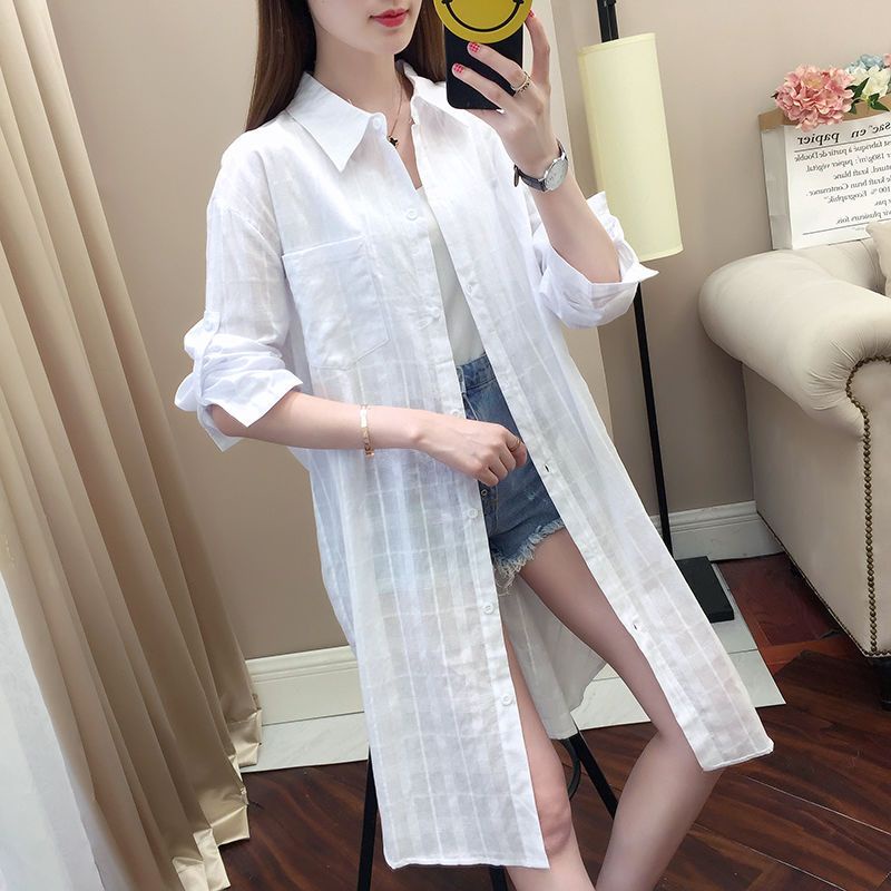 Áo Sơ Mi Chống Nắng Dáng Dài Qua Gối Kẻ Sọc Caro Trắng Phong Cách Hàn Quốc Thời Trang Mùa Hè Hàng Mới 2022