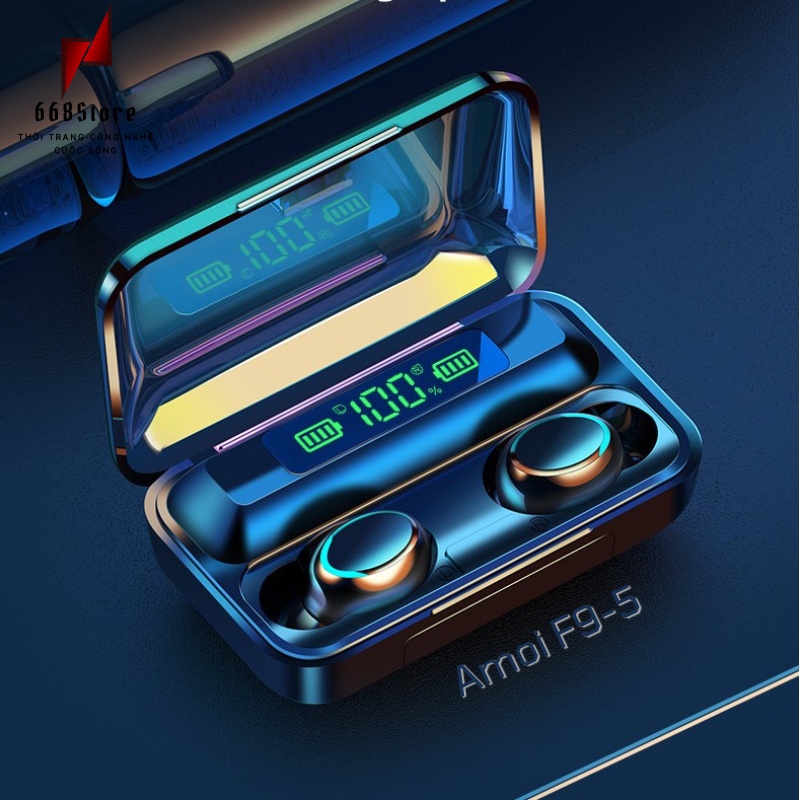 Tai nghe bluetooth 5.0 Amoi F9 Pro, nút bấm cảm ứng, có led hiển thị thông minh, Dock sạc kiêm pin dự phòng