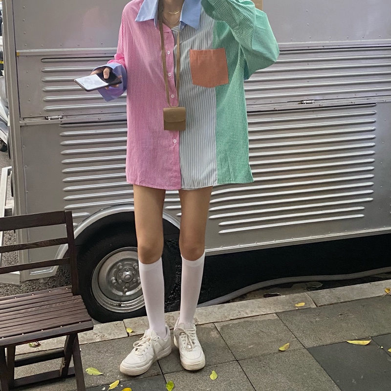 Áo sơ mi tay dài phối màu tương phản phong cách Hàn Quốc dành cho nữ