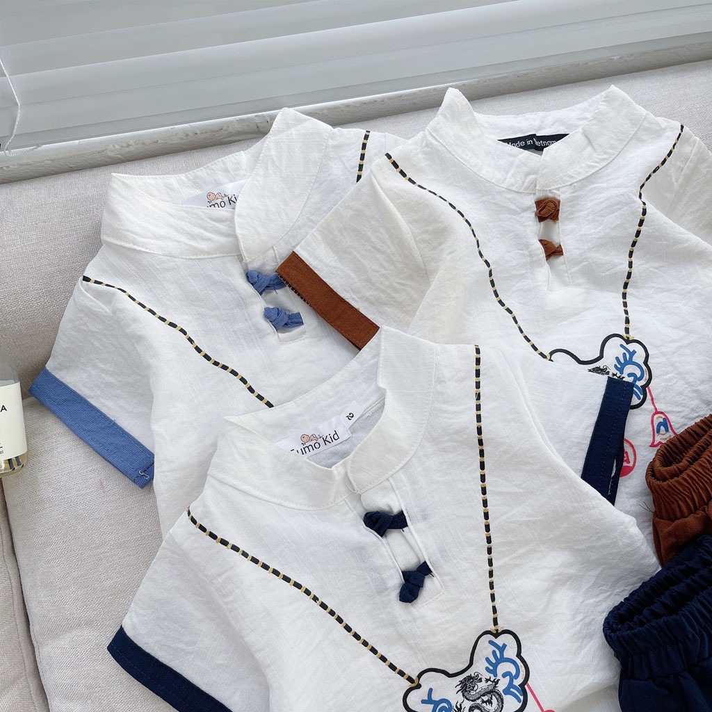 Bộ Cộc Tay Cho Bé Thêu Hình Vòng Cổ, Bộ Cộc Tay Chất Đũi Cho Bé Trai Bé Gái Từ 6 - 27kg - LILA KIDS