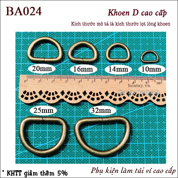 Khoen D cao cấp làm túi ví có nhiều cỡ -Kích thước mô tả đại diện là kích thước lọt lòng của khoen.