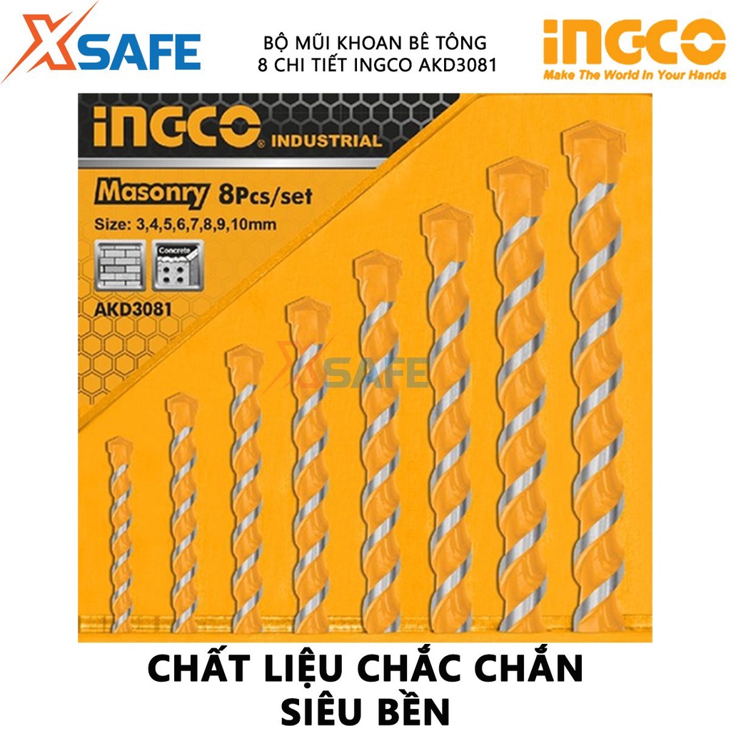 Bộ mũi khoan bê tông 8 chi tiết INGCO AKD3081 Bộ 8 mũi khoan đuôi trơn đóng gói hộp nhựa chắc chắn