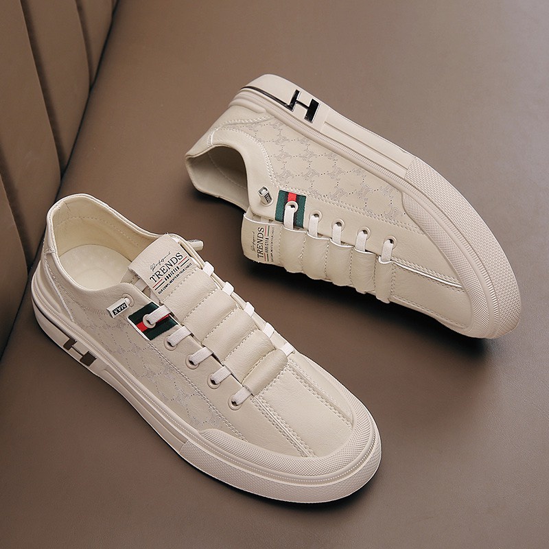 Giày thể thao nam, Giày nam da chữ H Kem và Trắng - CK201