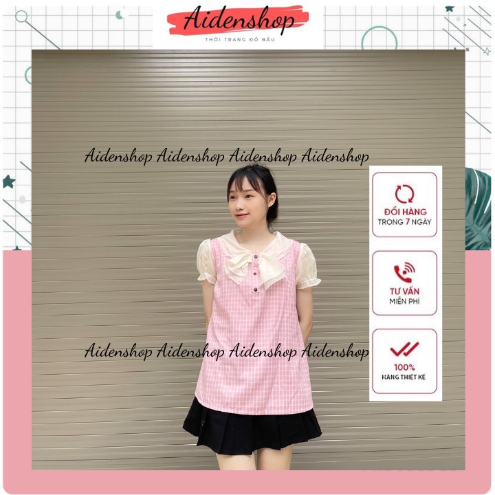Áo bầu công sở thiết kế cổ nơ tay cộc kẻ sọc chất lụa mát đẹp mùa hè freesize
