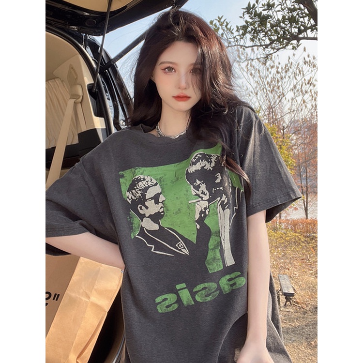 Áo Thun Ngắn Tay Cổ Tròn Dáng Rộng Thời Trang Retro Mỹ Cá Tính Cho Nữ