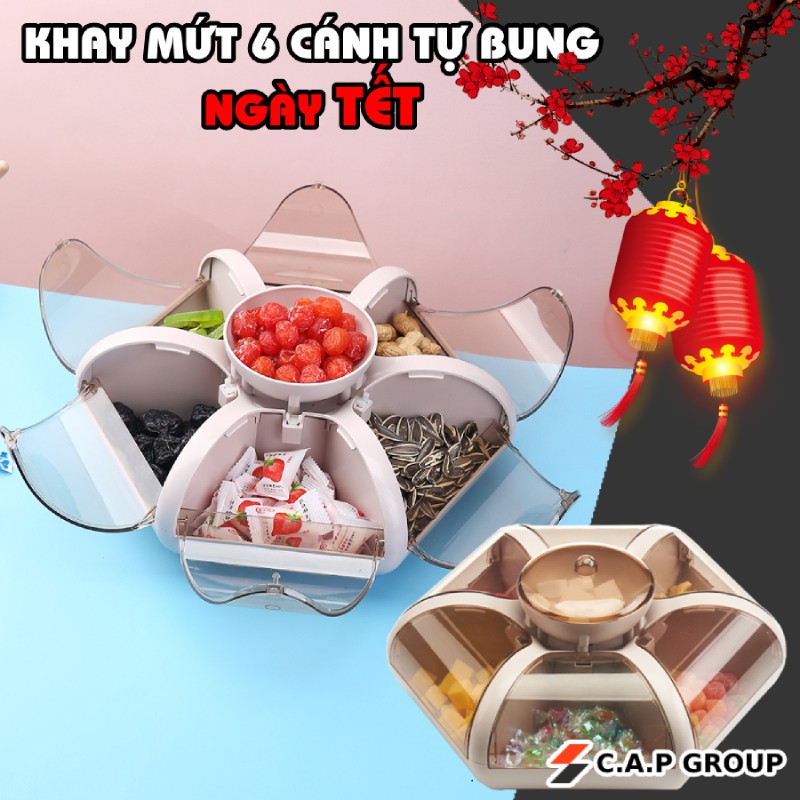 [ MỚI 2021 ] Khay đựng mứt tết bánh kẹo đồ ăn 6 cánh hoa sen tự bung thông minh, sang chảnh - Hộp đựng mứt tết 2021