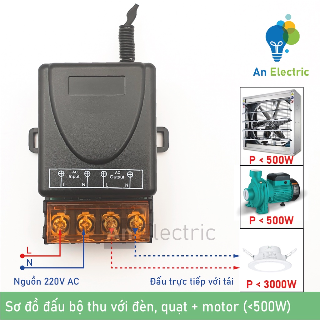 Công tắc điều khiển từ xa 220V 500-1000m công suất cao ngõ ra 30A bật tắt thiết bị chiếu sáng, máy bơm, quạt