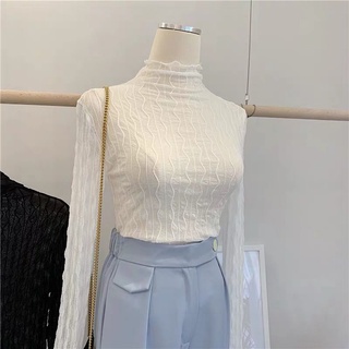 New turtleneck mesh lingerie for ladies in spring and fall sheer lace long-sleeved tops for ladies