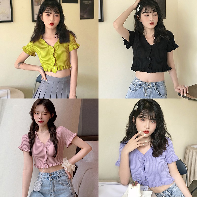Áo Len Nữ Tay Ngắn Cổ Chữ V Thời Trang Quyến Rũ
