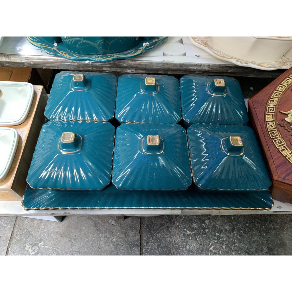 Khay đựng mứt tết sứ xanh cổ vịt 6 hũ