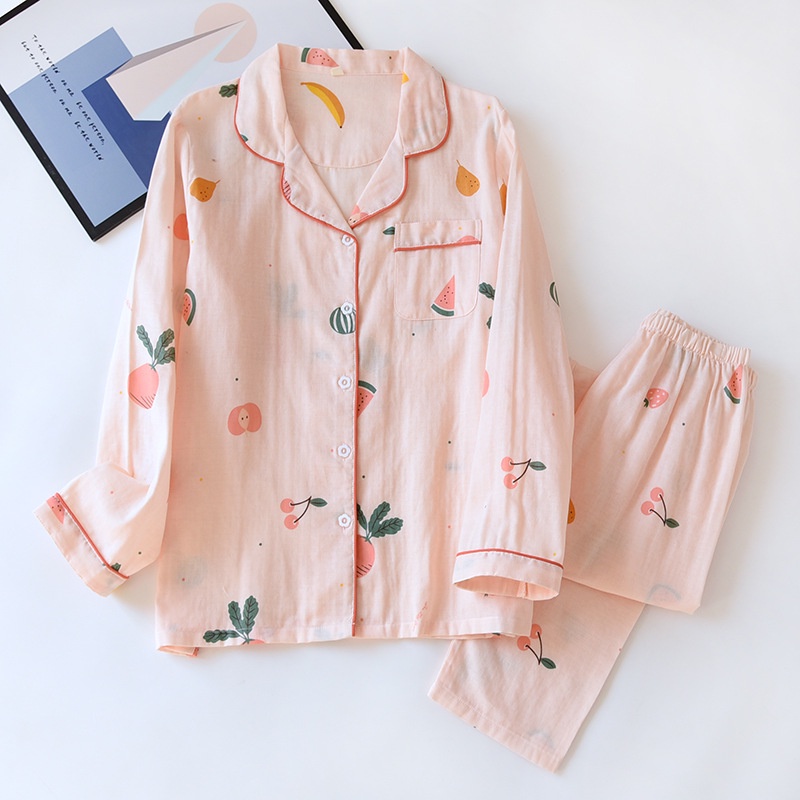 Bộ mặc nhà, pijama thô đũi dài tay mẫu trái cây nhỏ xinh