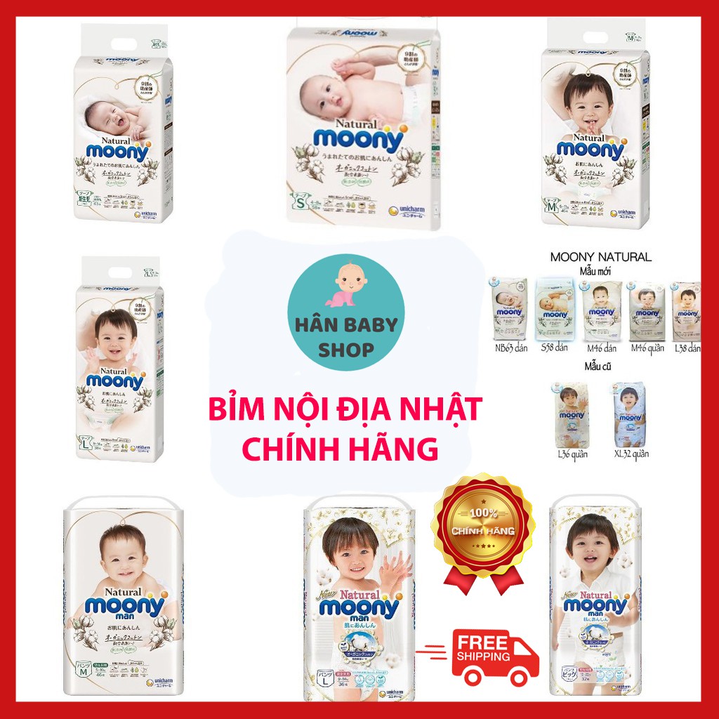 [Free Ship] Tã Bỉm Moony Natural Nội Địa Nhật Dán/Quần Dùng Cả Bé Trai, Bé Gái Nb63/S58/M48/L36/Xl32