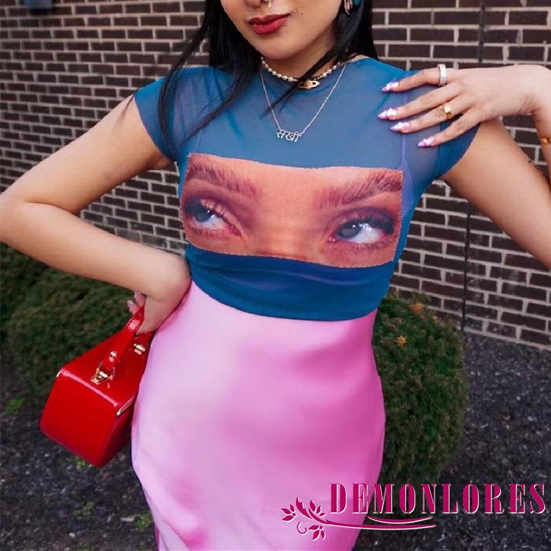 Áo Thun Crop Top Phối Lưới In Hình Đôi Mắt Quỷ Phong Cách Harajuku Vintage Thời Trang 2000s y2k