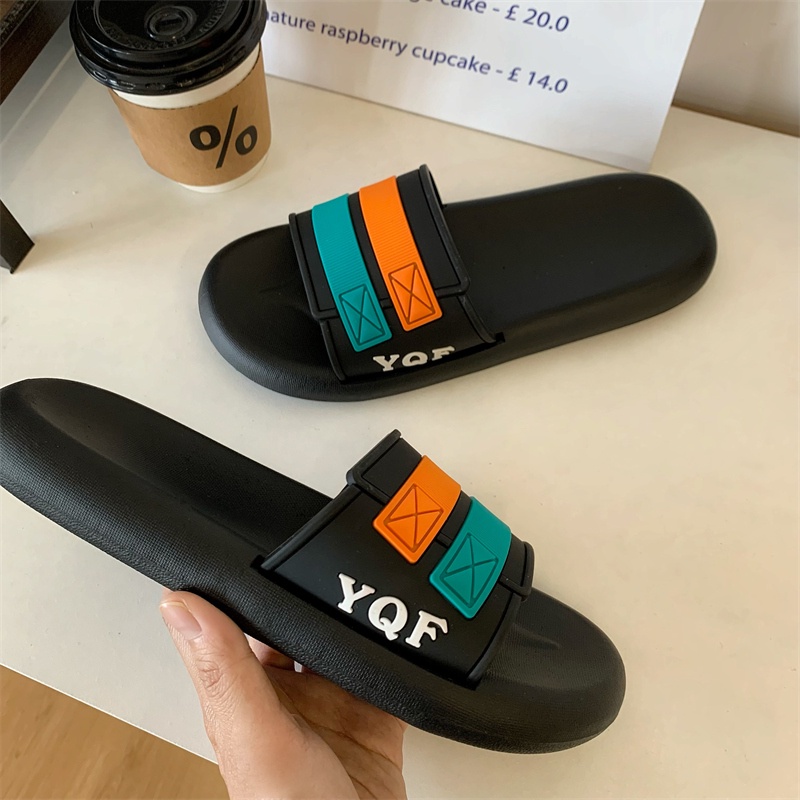 JY502-QUAI SỌC NGANG IN CHỮ YQF Dép  đế mềm quai ngang phong cách unisex nặng động, đa dạng màu sắc