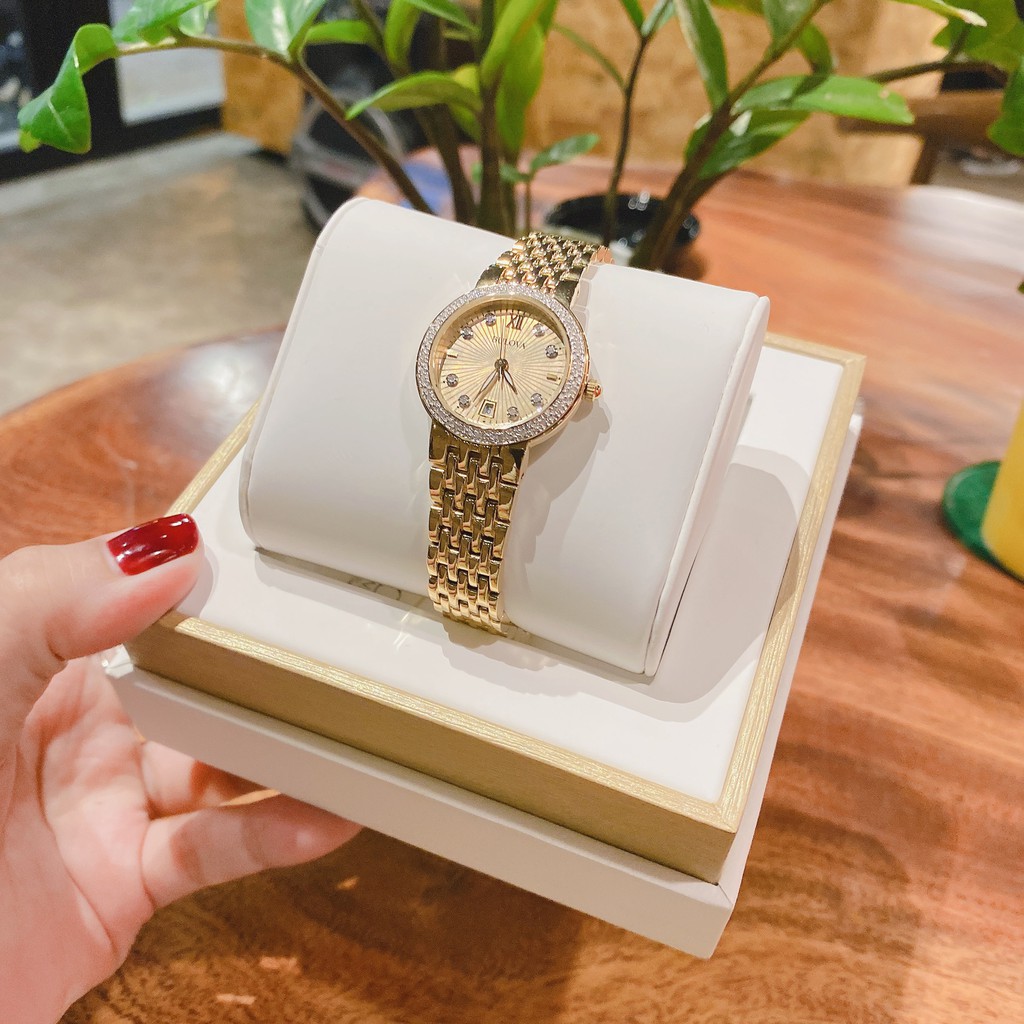 Đồng hồ nữ chính hãng Bulova 98R212 gold mặt chải tia vàng- Máy Quartz pin - Kính khoáng cứng