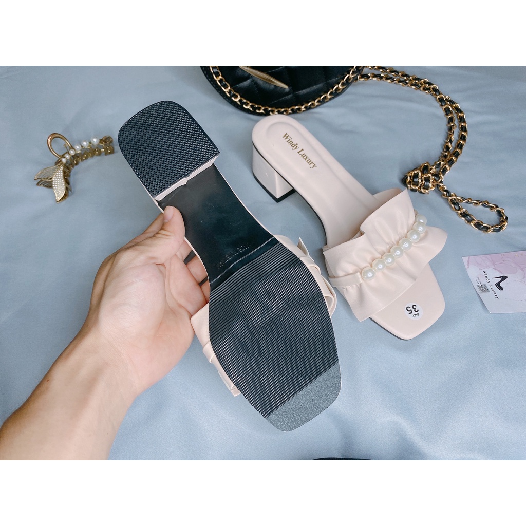 Dép cao gót 3-5cm, quai ngang nhún đính ngọc, đế vuông chắc chắn, bền đẹp-1000033
