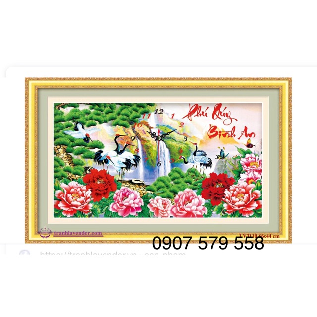 Tranh thêu đồng hồ phú quý bình an v3110  kt 66x41 cm