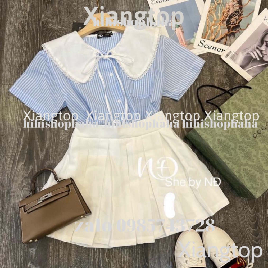 Áo sơ mi kẻ cổ bèo tiểu thư 2 màu ngắn tay kaca aosomicongsothietke vintagevn