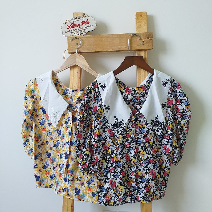 Áo sơ mi Hoa, Cổ Búp Bê Phong Cách Retro Hàn Quốc