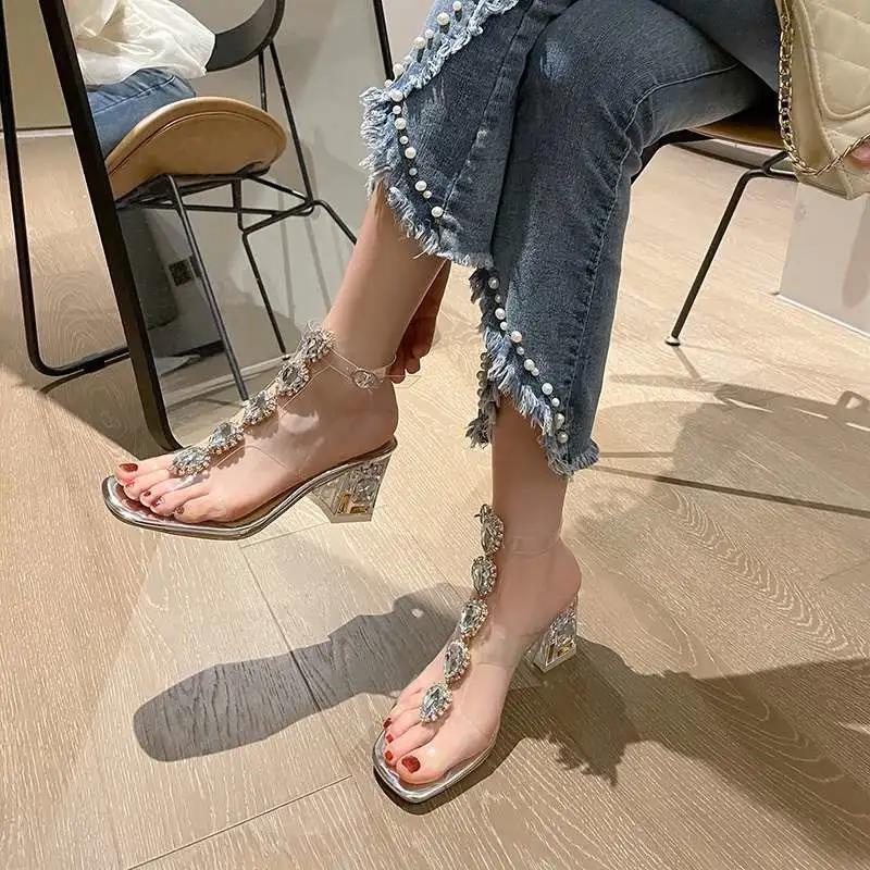 Giày Sandal Cao Gót Chữ T Quai Trong Suốt Hở Ngón Đính Đá Thời Trang Mùa Hè 2022