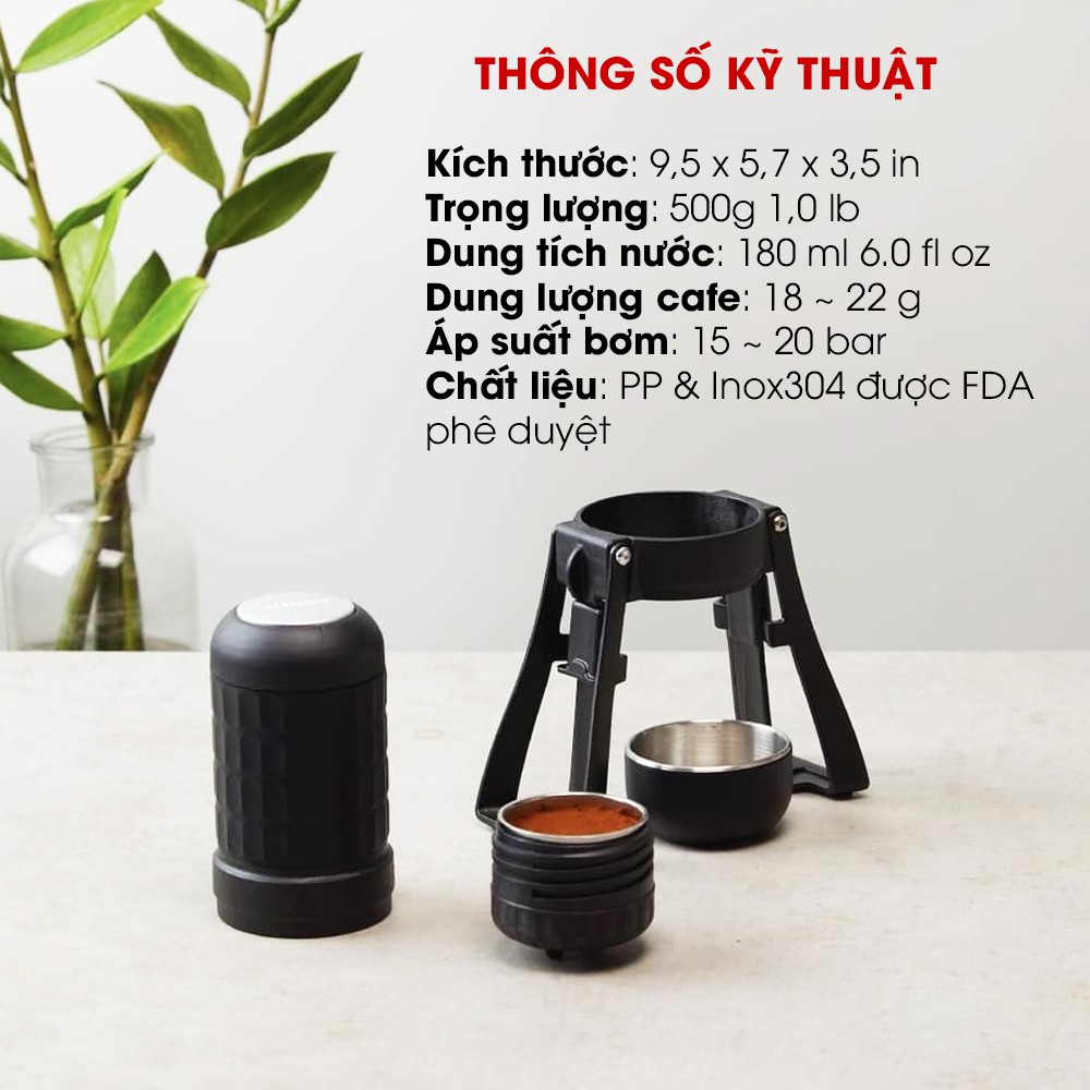 Máy pha cafe cầm tay cao cấp STARESSO PRO Mirage pha double shots, không dùng pin và điện, chính hãng, BH 6 tháng