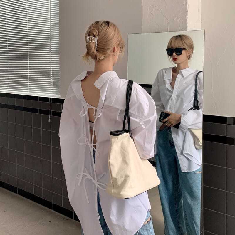 Áo Sơ Mi Dáng Rộng Thiết Kế Lưng Và Phía Trước Phong Cách Hàn Quốc Cho Nữ
