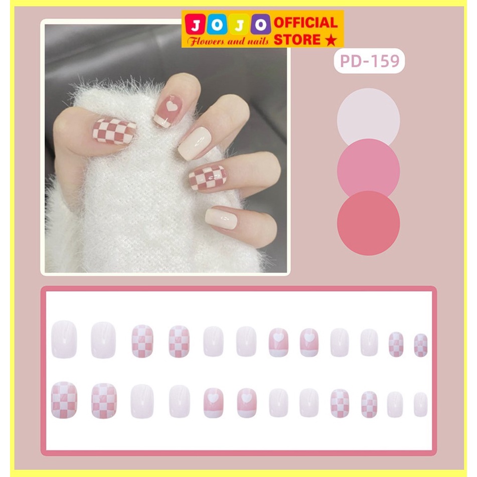 Set 24 móng tay giả kẻ caro hồng PD 159 thời trang, cá tính