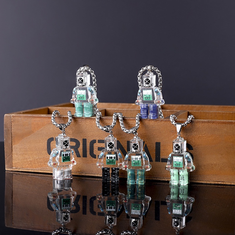 Dây chuyền nam nữ mặt hình Lego Robot chất liệu nhựa trong suốt chi tiết linh kiện điện tử 70cm