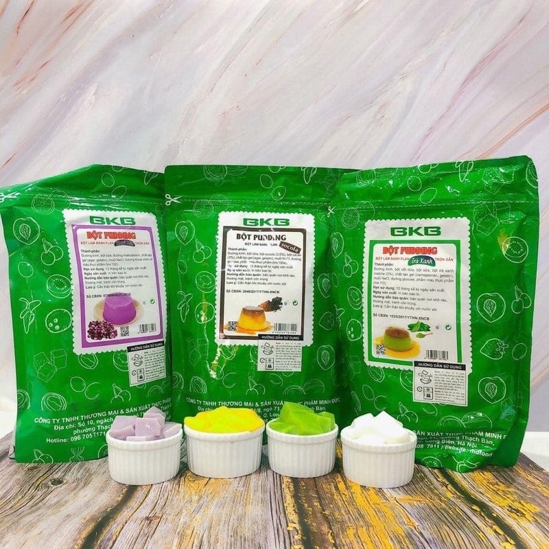Bột Pudding BKB 100gr các vị Trứng, Dừa, Trà xanh, Khoai môn, Socola, Sầu riêng