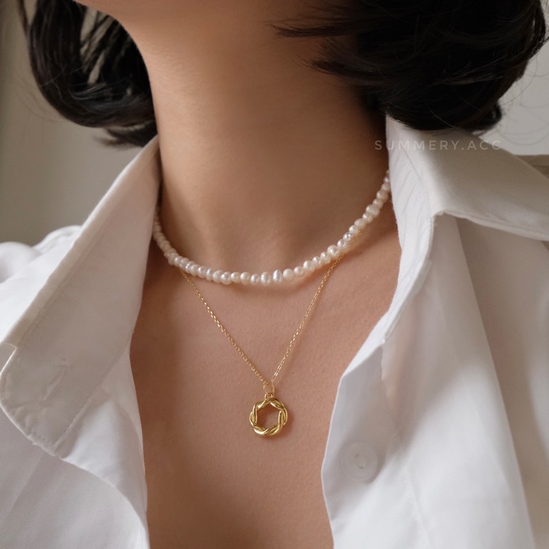 Vòng cổ ngọc SUMMERY chocker ngọc chốt bông hoa bạc 925 dây chuyền S925