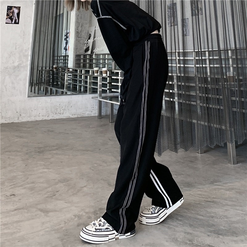 Quần thể thao ống suông 2 sọc unisex, quần ống rộng phối sọc cao cấp