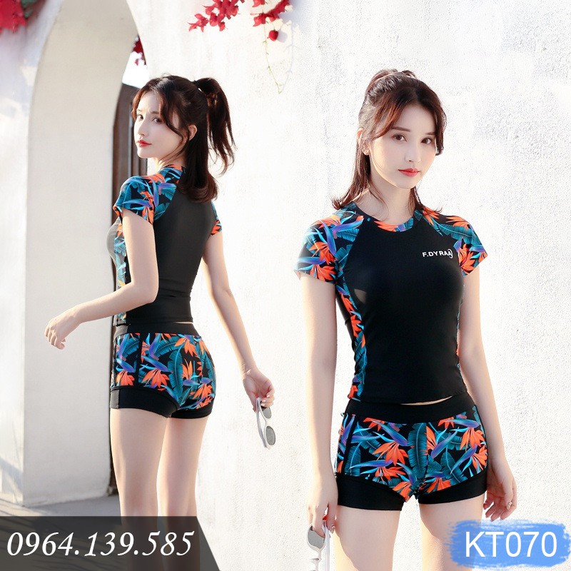 Bộ bơi 2 mảnh quần sooc đùi, áo dáng thun cộc tay, có sẵn đệm mút, màu sắc trẻ trung, rực rỡ. Bikiki size nhỏ | KT070