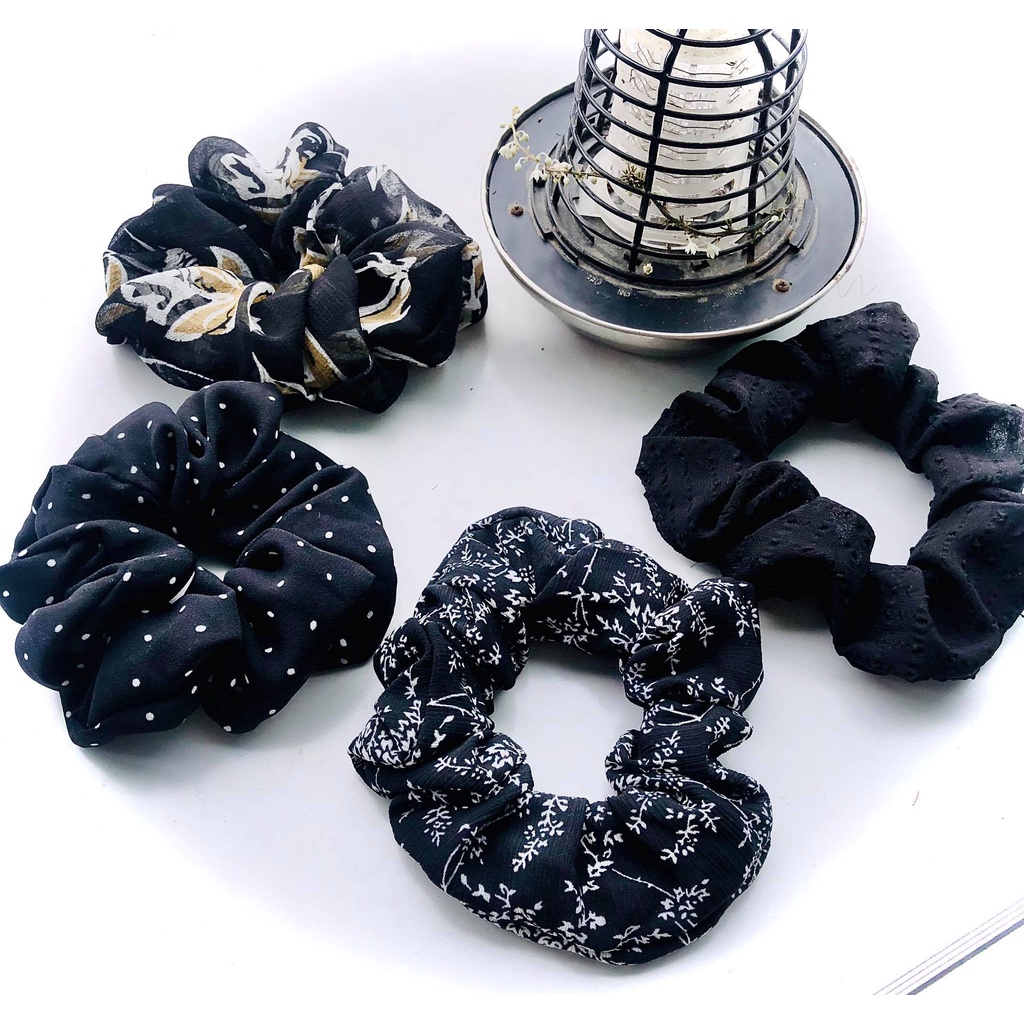 Dây buộc tóc scrunchies phối hoa phong cách Hàn Quốc, cột tóc nhiều họa tiết cho nữ.